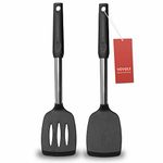 2 Pack Spatulas, Solid & Slotted Silicone Spatula Set, Stainless Steel Handle Coated with Silicone, Non Stick Turners, Heat Resistant BPA Free Rubber Spatulas for Fish, Eggs, Pancakes, Wok, (Black)