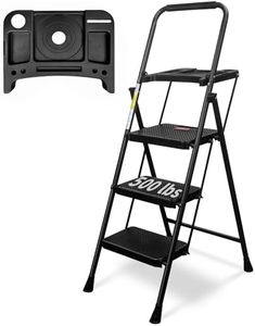 WNOEY 3 Step Ladder with Tray, Folding Step Stool with Tool Platform and Comfort Handgrip, Lightweight 500lbs, Wide Anti-Slip Pedal, Sturdy Steel Ladder, Portable Steel Step Stool for Adults,Black