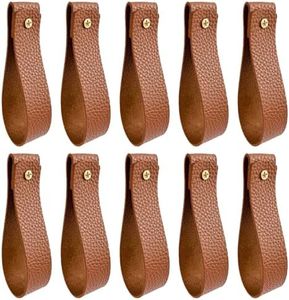 10 Pcs Brown Lychee Stria Leather Wall Hooks, Leather Curtain Rod Bracket, Leather Curtain Rod Holder Retro Strap Hangers with Screws for Hanging Towel Tapestry Canoe Paddle, Boho Farmhouse Style