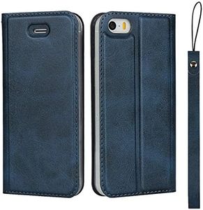 for iPhone 5 Case,iPhone 5s, iPhone SE 2016 Case(4.0"),Cavor Folio Flip Leather Wallet Phone Case Stand Card Holder Magnetic Closure Clear TPU Bumper Slim Thin Cover Case with Wristlet Strap- Blue