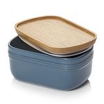 DOWAN Porcelain Butter Dish, Extra Large Butter Dish with Cover, Airtight Butter Dish with Wooden Lid, Farmhouse Butter Container for East West Coast Butter, Freezer Safe, Airy Blue