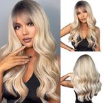 OUFEI 24 Inches Ombre Blonde Wig with Bangs for Women Natural Synthetic Hair Heat Resistant Long Wavy Wigs with Dark Roots for Daily Party Cosplay Wear