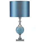 Polished Chrome & Blue Mosaic Glass Sphere Vintage Table Lamp with Faux Silk Drum Shade | 50cm Height | 1 x ES E27 Lamp Bulb Required | UK Approved | in-Line On Off Switch