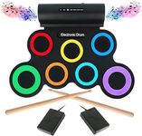 Electronic Drum Set, 7 Practice Drum Pads,Roll-up Rechargeable Drum Set with Pedals,Sticks,Built-in Speaker/Headphone Jack, Rainbow Color