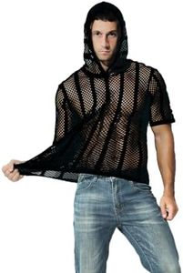 MUEBAIRES Men's Mesh Sheer Hooded Short Sleeve Top Fish Net Cool Slim Fit Black M