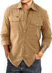 JMIERR Men's Corduroy Shirts - Casual Western Long Sleeve Button Down Shirts Lightweight Shacket Big and Tall Fall Textured Jacket with 2 Flap Pocket, US 37.5(S), A Khaki