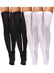 4 Pairs Women's Silk Thigh High Stockings Nylon Socks for Women Halloween Cosplay Costume Party Tights Accessory (Black, White,F Size)