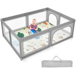 GYMAX Baby Playpen, 200 x 140cm Large Toddler Fence Play Yard with 50 Ocean Balls, Soft Mat and 2 Doors, Indoor Outdoor Infant Activity Center (Grey)