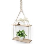 GEEZY 2 Tier Hanging Floating Macrame Rope Shelf Wooden Storage Kitchen Wall Boho Decor Gift (HANGING SHELF 30x10x72 cm)