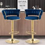 My Art Design - Set of 2 Bar/Kitchen Chairs 360 Degree Rotatable Swivel Elegant Classy & Comfortable Chair with Golden Base and Velvet Fabric (2 Chairs) (Blue)