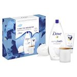 Dove Time to Nourish Treats Collection Bath soak, Hand Cream and Beauty Bar Gift Set with a soy wax candle skin care products for her 3 piece