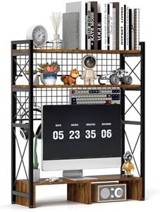 bimiti 3-Tier Desktop Hutch Bookshelf, Large Wood & Metal Computer Desk Organizer with 8 Hooks, Multipurpose Horizontal Bookcase Display Rack for Office or Home