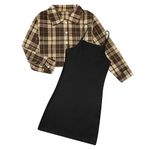 Kids Girl 2 Piece Outfits Teen Girls Sleeveless Bodycon Dress with Crop Jacket Costume Children Plaid Long Sleeve Tops Shirts + Cami Short Dress Set Clothes