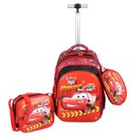 NOVEX Kids Backpack Combo Set - 1 Lunch Box Bag & Stationary Pouch School Trolley Bags with 2 wheels | 17 Inch Soft Polyester Spinner Luggage | Red Car Printed Carry-on Set for Kid Boys