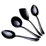 IKIGAI Stainless Steel Serving Tools 4 Piece Nonstick Set. Heavy Gauge 1 Soup Ladle (Karchi), 2 Solid Spoon (Chamcha) and 1 Rice Spoon for Serving Soup/Curry/dal/Rice/Pasta. Black NEO