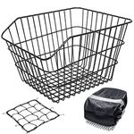 Mkuero Rear Bike Basket, Metal Rear Bicycle Basket with Bike Basket Liner and Adjustable Cargo Net, Waterproof Bike Basket for Most Rear Mounted Bike Racks, Large Space Bike Basket Rear… (Square Grid)