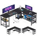 ODK L Shaped Gaming Desk, 168 X 120 cm Reversible Computer Desk with 2 Sockets and 2 USB Charging Ports, Corner Desks with Storage, Gaming Table Carbon Fiber Black