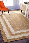 HOUSINE® Handmade Natural Jute Cotton Natural Fibers Floor/Door Mat Rug Furnish Décor Striped Rectangular Design Carpet for Bedroom Living Room (Dpwhite, 5 feet x 7 feet - Carpet/Rug)