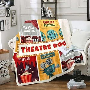 Home Theater Decor Blanket 40"x50" for Boys Girls Family Movie Theme Throw Blanket Vintage Cinema Ticket Popcorn Filmstrip Print Fleece Blanket Movie Theater Decor Film Theme Fuzzy Blanket