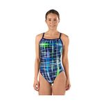 Speedo 7719707 Women’s Powerflex Eco Laser Sticks Flyback Swimsuit, Blue/Green, 26