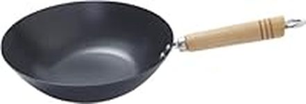 Penguin Home Carbon Steel Non Stick Wok with Sturdy Wooden Handle | 31cm Wide | Chinese Traditional Wok | Stir Fry at High Temperature | Flat Base for Balance | Induction Safe | Black |