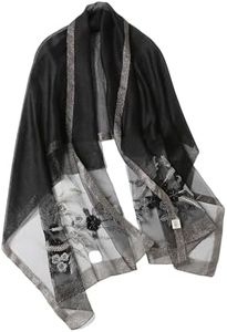 Jeelow Elegant Silk-Wool Blend Scarf Shawl Wrap Lightweight & Sheer for Women Embroidered for Weddings & Parties (Black)