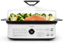 Electric Food Steamer with Boron Glass Lid, 450°C high-temperature steam, fast cooking for Vegetables, seafood, stew, disinfection, built-in program,One-Touch Control,8 Quart,1800W,White