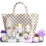 Spa Luxetique Lavender Bath Set, 15pcs Spa Gift Set, Pamper Gifts for Women, Bath Gift Set in Golden Bag with Body Scrub, Body Butter, Hand Cream, Gifts for Mum, Gift for Her
