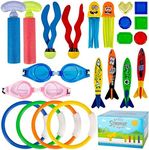 22 PCS Variety Pool Swimming Toys Gift Set -Diving Glasses Diving Rings Pool Torpedoes Underwater Treasures Water Blasters Seaweeds Squids-for Kids for Summer Game Toys