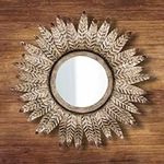 Marco Paul Interiors Metal Feather Round Wall Mirrors - Distressed Antique Finish Decorative Wall Mounted Home Decor Beautiful Rustic Vintage Hanging Mirror for the Living Room and Bedroom