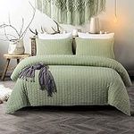 King Size Green Classic Seersucker Duvet Cover for Teens Adults Seersucker Bedding Set with 2 Pillowcases Puckering Duvet Cover Set with Zipper Closure 220×230cm