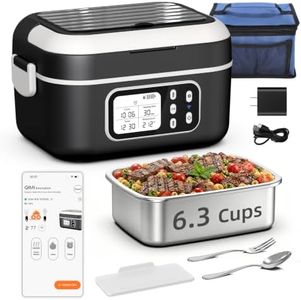 APP Control Cordless Electric Heated Lunch Box, 1.5L - 6.3Cups 27000mAh Rechargeable Battery Powered with Automatic Heating, BPA Free,Including Spoon, Insulated Carry Bag, Removable Tray Divider