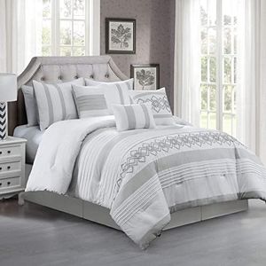 Chezmoi Collection Ariel 7-Piece Gray Geometric Chenille Embroidery Pleated Striped Comforter Bedding Set, King Size