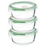 Amazon Brand - Solimo Borosilicate Glass Container with Air-Vent Lid (420ml Each) | Airtight & Leak-Proof | Freezer, Microwave & Dishwasher Safe (Set of 3) (Round Shaped) (Transparent)