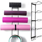 5-Tiers Yoga Mat Holder Wall Mount, Metal Storage Rack for Yoga Mat/Wheels, Foam Roller and Block, Wall Yoga Mat Rack with 3-Hooks for Hanging Stretching Strap, Resistance Bands, Yoga Accessories