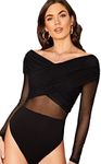 Verdusa Women's Sheer Mesh Cross Wrap Long Sleeve Skinny Leotard Bodysuit Top Black S