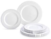 " OCCASIONS" 50 piece (25 guest) Extra Heavyweight Vintage Wedding Disposable/Reusable Plastic Plates (25 x 11'' dinner + 25 x 8.25'' salad/dessert) Chateau Collection in White