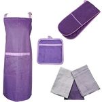 Prime Homewares Plain Purple Design Pot Holder, Double Oven Glove, Tea Towels, Apron, Plain Purple Design (Full 6pc Set)