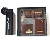 Dream Gift Glore Customized 5 in 1 Engraved 1 LED Flask Bottle, Passport Cover with Wallet, Eye Wear Case, and Metal Keychain Combo - Men's Combo Accessories, Personalised Gifts (Brown)