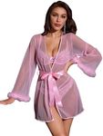 OYOANGLE Women's 4 Piece Pajama Set Sheer Mesh Fur Trim Belted Sleep Robe Bridal Wedding Lingerie Pink Lace M