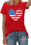 American Flag Shirts for Women 4th of July Heart T-Shirt Patriot Graphic Tee USA Flag Shirt Tops, Red, L