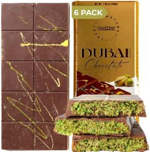BeeMax Authentic Dubai-Style Chocolate Bar - 7oz (Pack of 6) Luxurious Milk Chocolate with Kadayif & Pistachios - Middle Eastern Indulgence - Imported from Turkey - For Gift or Special Occasions