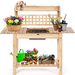 Giantex Garden Potting Bench, Outdoor Wood Work Table w/Sliding Tabletop, Planter Bench Work Station w/Removable Sink & Storage Shelves for Backyard Patio Balcony, Natural