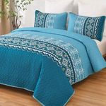 WONGS BEDDING 3 Piece Quilt Set Queen,Boho Teal Bedspread Coverlet Set with Geometry Printed for All Season,Lightweight Morden Bohemian Bedding Set 104"×90"