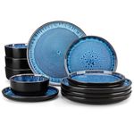 vancasso PLAYA Plates and Bowls Sets, 12 Pieces Stoneware Dinnerware Sets Dishes Set Modern kitchen Dishware Sets Service for 4, Dishwasher and Microwave Safe, Blue-Black