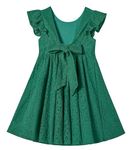 Rysly Toddler Girls Backless Flutter Sleeve Lace Party Dress Elastic Waist Bow Kid Casual Dresses (Dark Green,130)