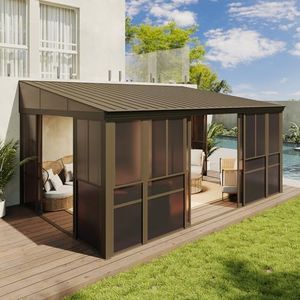Aoxun 12x16FT Wall Mounted Sunroom, Aluminum Solarium Enclosed Lean to Gazebo with Galvanized Steel Sloping Roof, Sliding Doors, Moveable PC Windows, Permanent Outdoor Sun Room for Patio, Deck