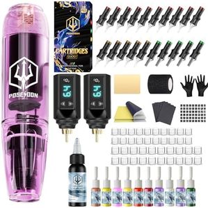 POSEIDON Tattoo Gun Kit, Wireless Tattoo Pen Kit with 2 Long-Lasting Batteries & Complete Starter Supplies, Professional Cordless Tattoo Machine for Beginners, Includes 20 Needles, Inks, Practice Skin