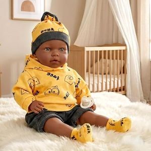 The Magic Toy Shop BiBi Doll 18" Eshe Black Baby Doll with 16 Realistic Sounds – Soft Body with Vinyl Head & Limbs – Ethnic, Brown Eyes, Yellow Outfit, Dummy – for Girls & Boys