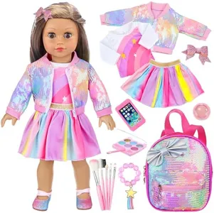 UNICORN ELEMENT American 18 Inch Doll Makeup Accessories and Clothes,Sequin Backpack Set for 18" Dolls Include Skirt Bracelet Hair Clip Phone and Makeup Sets（No Doll and Shoes